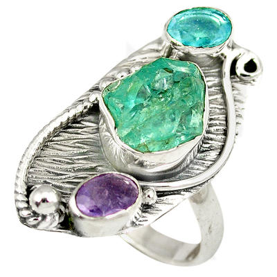 Rough Blue Apatite with Faceted Amethyst Ring
