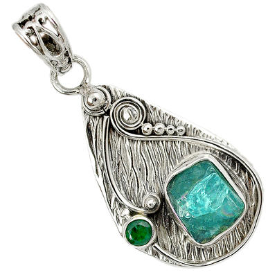 Rough Neon Apatite and Emerald Pendant