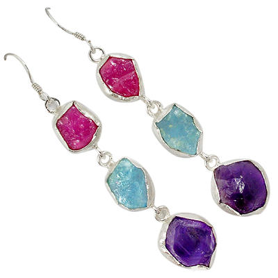 Rough Ruby, Aquamarine, and Amethyst Earrings