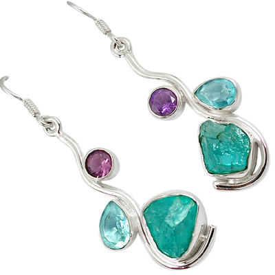 Rough Blue Apatite with Faceted Amethyst Earrings