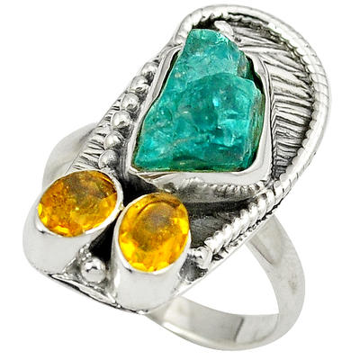 Rough Blue Apatite and Citrine Ring