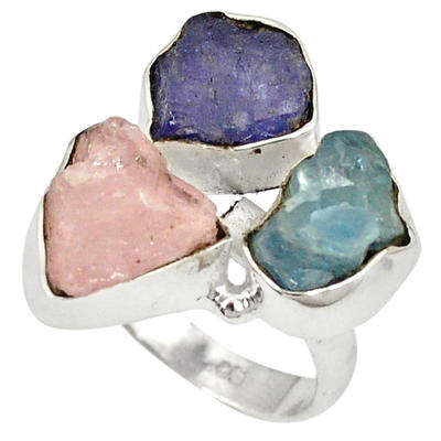 Rough Morganite, Aquamarine and Tanzanite Trio Ring
