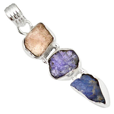 Rough Morganite, Tanzanite and Kyanite Trio Pendant