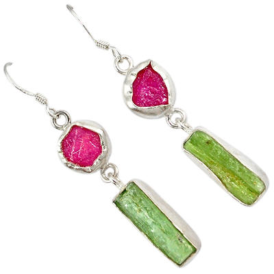 Rough Green Kyanite and Ruby Earrings