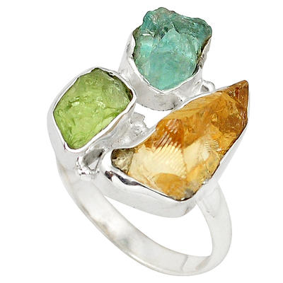 Rough Citrine, Peridot Aquamarine Trio Ring